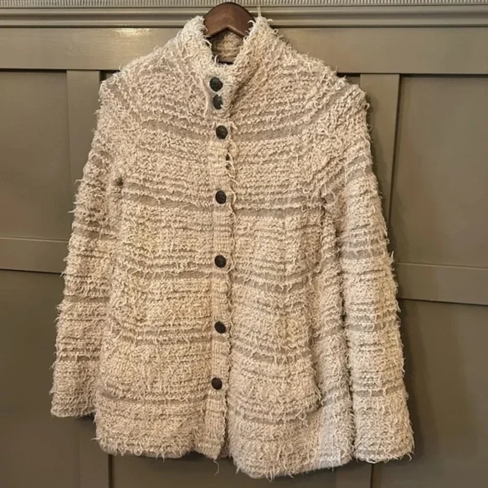 Free People Shaggy Knit Sweater Coat Ivory Gray Stripe Button Front Size XS
